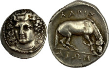 THESSALIE. LARISSA. Statère. (350-320).
Argent. 6,09g. (12h). Gravure remarquable. Superbe. A/. Tête de la nymphe Larissa tournée de trois-quarts de ...