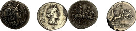 MARCIA. Denier, Rome 148.
Argent. 3,65g. (6h). TB et Très Beau. Lot de 2 monnaies. A/. Tête casquée de Rome à droite. R/. Les Dioscures à cheval, gal...