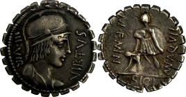 AQUILLIA. Denier serratus, Rome 71.
Argent. 3,90g. (7h). Très belle patine. Très Beau. A/. Buste casqué de Virtus à droite. R/. Guerrier debout à dro...