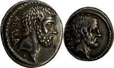 BRUTUS (85-42). Denier, Rome 54.
Argent. 4,01g. (6h). Très Beau à Superbe. A/. BRVTVS. Tête barbue de Brutus l'ancien à droite. R/. AHALA. Tête barbu...