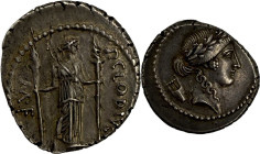 CLAUDIA. Denier, Rome 42.
Argent. 3,77g. (2h). Superbe. A/. Tête laurée d'Apollon à droite, une lyre derrière. R/. Diane Lucifera debout, de face et ...
