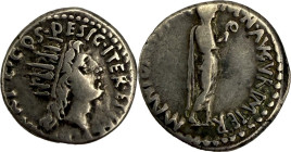 MARC-ANTOINE. Denier, Athènes 38.
Argent. 4,24g. (6h). TB. Peu commun. A/. Tête radiée de Sol à droite sous les traits de Marc Antoine. R/. Marc Anto...
