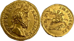 LUCIUS VÉRUS (161-169). Auréus, Rome 165.
Or. 7.19g. (6h). Magnifique exemplaire. Superbe. Très rare. A/. L VERVS AVG ARM PARTH MAX. Tête laurée de L...