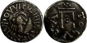 LOUIS Ier LE PIEUX (814-840). Denier au buste, Toulouse (Haute-Garonne) 814-819.
Argent. 1,6g. (9h). Style wisigoth. Extrêmement Rare. A/. +HLVDOVVIC...