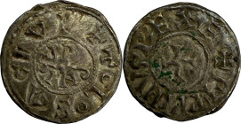 PÉPIN II Roi d’Aquitaine (839-852). Denier, Toulouse (Haute-Garonne).
Argent. 1,5g. (3h). Superbe. A/. +PIPPINVS REX F croix. R/. +TOLOSA CIVI monogr...