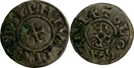 Denier, Toulouse (Haute-Garonne).
Argent. 0,6g. (7h). TB à Très Beau. A/. +PIPPNVS REX croix. R/. (4h) +TOLOSA CIVI monogramme de Pépin. Gariel, I, n...