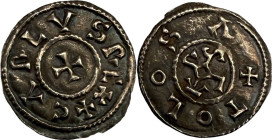 CHARLES II LE CHAUVE (840-877). Denier, Toulouse (Haute-Garonne).
Argent. 0,7g. (11h). Superbe exemplaire. A/. + CARLVS REX croix. R/. + (6h) TOLOSA ...