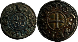 Denier, Toulouse (Haute-Garonne).
Argent. 1,61g. (3h). Très Beau. A/. +ODDO REX FR-C croix. Lettres D terminées par des globules à gauche. R/. (9h) +...