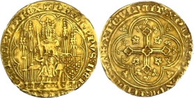 PHILIPPE VI de Valois (1328-1350). Écu d'or à la chaise, 1re émission, 1er janvier 1337.
Or. 4,40g. (12h). Traces d'une ancienne monture. TB. A/. Le ...