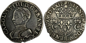 Teston du 2e type, Toulouse 1562.
Argent. 9,43g. (11h). Magnifique portrait et très belle patine. Superbe. Rare en cet état. A/. Buste lauré et cuira...