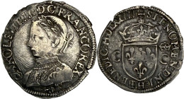 Demi-teston du 2e type, La Rochelle 1564.
Argent. 4,72g. (10h). Belle patine. Très Beau à Superbe. A/. Buste lauré et cuirassé du Roi à gauche, damas...