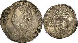 HENRI III (1574-1589). Teston du 8e type, monnayage au nom de CHARLES IX, Toulouse 1575.
Argent. 9,33g. (11h). TB. A/. Buste du Roi à gauche, lauré e...