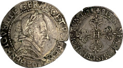 Franc d'argent au col plat, Dijon 1578.
Argent. 13,45g. (5h). Petit éclatement à la frappe. Très Beau. A/. Buste du Roi, lauré et cuirassé à droite, ...