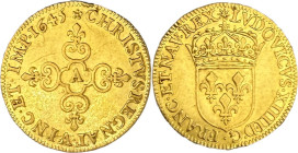 LOUIS XIV (1643-1715). Écu d'or au soleil, à la croix anillée fleurdelisée, Paris 1645.
Or. 3,34g. Petit plat à 6h. Presque Superbe. Monnaie frappée ...
