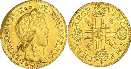 Louis d'or à la mèche longue, Bordeaux 1647.
Or. 6,65g. Petit graffiti au revers. Très Beau. 3 557 ex. Rare. A/. Tête enfantine du Roi laurée à droit...