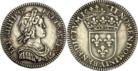 Piéfort de poids quadruple du douzième d'écu à la mèche courte, Paris 1644.
Argent. 9,16g. Très Beau à Superbe. Rare. A/. Buste enfantin du Roi à dro...