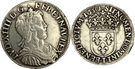 Demi-écu à la mèche longue, Limoges 1650.
Argent. 13,68g. TB à Très Beau. 30 343 ex. A/. Buste enfantin du Roi à droite, les cheveux longs, lauré, dr...