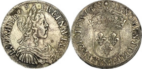 Demi-écu à la mèche longue, Montpellier 1652.
Argent. 13,62g. TB à Très Beau. A/. Buste enfantin du Roi à droite, les cheveux longs, lauré, drapé et ...
