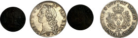 Écu au bandeau, Bayonne 1769.
Argent. 29,00g. Très Beau. Lot de 2 monnaies. A/. Buste nu du Roi à gauche, la tête ceinte d'un bandeau. Sous le buste,...