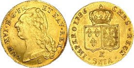 LOUIS XVI (1774-1793). Double louis d'or au buste nu, Bordeaux 1786.
Or. 15,28g. Belle lumière. Superbe. A/. Buste nu du Roi à gauche. Au-dessous, ma...
