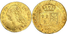 Double louis d'or au buste nu, Paris 1786.
Or. 15,17g. TB. A/. Buste nu du Roi à gauche. Au-dessous, marque du maître Jean Dupeyron de la Coste. R/. ...