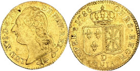 Louis d'or au buste nu, Lyon 1786.
Or. 7.57g. TB à Très Beau. A/. Buste nu du Roi à gauche. Au-dessous, marque du maître Jean-Claude Gabet. R/. Écus ...
