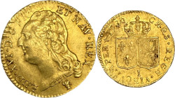 Louis d'or au buste nu, Limoges 1786.
Or. 7,63g. Stries d'ajustage. TB. A/. Buste nu du Roi à gauche. Au-dessous, marque du maître Naurissart de Fore...
