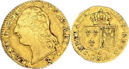 Louis d'or au buste nu, Paris 1787.
Or. 7,57g. Quelques rayures. B. A/. Buste nu du Roi à gauche. Au-dessous, marque du maître Jean Dupeyron de la Co...