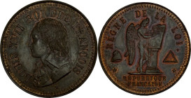 LOUIS XVII. Essai au module du décime. Refrappe du milieu du XIXe siècle.
Bronze. 9,60 g. Superbe. A/. Buste de Louis XVII en redingote à gauche. R/....