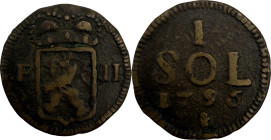 LUXEMBOURG. Assiégée par les Français, 1794-1795. Pièce de 1 sol, 1795.
Bronze coulé de canon. 18,97g. Très Beau. A/. Armes couronnées de Luxembourg ...