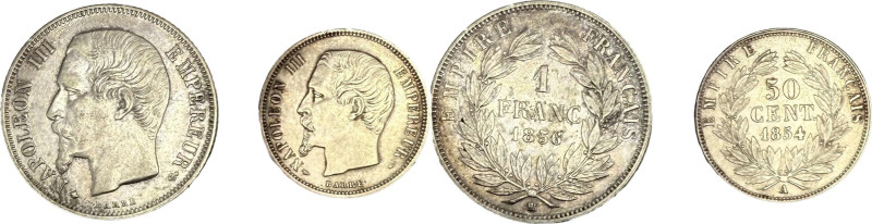 1 franc tête nue, Strasbourg 1856. Lot de 4 monnaies.
Argent. 4,95g. Superbe. A...