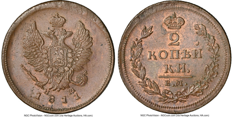 Alexander I 2 Kopecks 1811 EM-HM MS63 Brown NGC, Ekaterinburg mint, KM-C118.3, B...