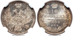 Nicholas I 10 Kopecks 1854 CПБ-HI MS67 NGC, St. Petersburg mint, KM-C164.1, Bit-383. Displaying Prooflike fields, highly desirable as the highest grad...