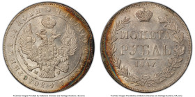 Nicholas I Rouble 1847-MW MS62 PCGS, Warsaw mint, KM-C168.2, Bit-428. A type traditionally found in lower tiers of preservation, however the near-Choi...