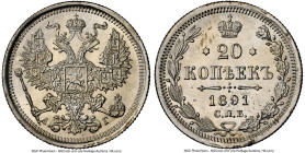 Alexander III 20 Kopecks 1891 CПБ-AГ MS63+ NGC, St. Petersburg mint, KM-Y22a.1, Bit-110. HID09801242017 © 2024 Heritage Auctions | All Rights Reserved...