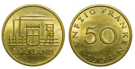 GERMANY - Saar Territories

Saar protectorate (1947 - 1956)

50 Franken

OBVERSE : SAARLAND / Industrial scene, arms in center
REVERSE : FÜNFZI...