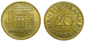 GERMANY - Saar Territories

Saar protectorate (1947 - 1956)

20 Franken

OBVERSE : SAARLAND / Industrial scene, arms in center
REVERSE : ZWANZI...