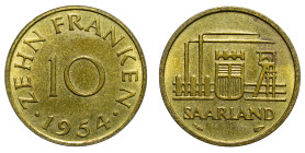 GERMANY - Saar Territories

Saar protectorate (1947 - 1956)

10 Franken

OBVERSE : SAARLAND / Industrial scene, arms in center
REVERSE : ZEHN F...