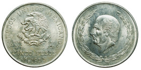 MEXICO - Republic

Mexico - Republic (1823 - date)

5 Pesos

OBVERSE : ESTADOS UNIDOS MEXICANOS / Eagle eating snake on coat of arms - side PESO...