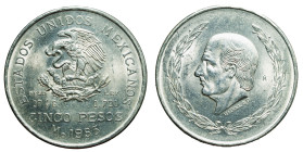 MEXICO - Republic

Mexico - Republic (1823 - date)

5 Pesos

OBVERSE : ESTADOS UNIDOS MEXICANOS / Eagle eating snake on coat of arms - side PESO...