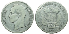 VENEZUELA - Republic

Venezuela - United States (1864 - 1953)

5 Bolivares

OBVERSE : ★ ESTADOS UNIDOS DE VENEZUELA ★ / Coat of arms - below GRA...