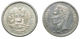 VENEZUELA - Republic

Venezuela - IVth Republic (1953 - 1999)

1 Bolivar

OBVERSE : ★REPÚBLICA DE VENEZUELA★UN BOLÍVAR ★ 1960 ★ GR.5 LEI.835 / C...