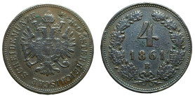 AUSTRIA - Empire

Francis Joseph Ist (1848 - 1916)

4 kreuzer 

OBVERSE : SCHEIDEMUNZE - K.K. OESTERREICHISCHE / Crowned imperial eagle
REVERSE...