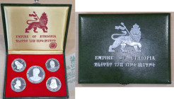 Etiopia. Serie 1972. 5 monete raffiguranti i sovrani d'Etiopia. Ag. KM PS2. Peso gr. 120. Proof. Cofanetto originale. Con certificati. 

PROOF