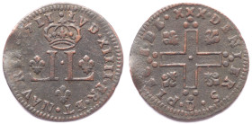 Francia. Luigi XIV, 1643-1715. 30 Denari 1711 D. Detto Moschettiere. Zecca di Lione. Mi. Gad R2 # 102. Peso gr. 2,31. Diametro mm. 25. BB+. Modesta sc...