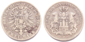 Germania. Amburgo. Citta' Libera. 2 Marchi 1876 J. Ag. KM 604. Peso gr. 10,82. Diametro mm. 28. BB. Leggerissimi graffi.

BB