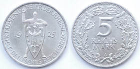 Germania. Repubblica di Weimar. 5 Marchi 1925 A. Ag. KM# 47. Peso gr. 25,03. Diametro mm. 37. qFDC. Segnetti al bordo. 

qFDC