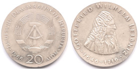 Germania Democratica. 20 Marchi 1966. Ag. 250&deg; Anniversario della morte di Gottfried Wilhelm Leibniz. KM 16.1. Diametro mm. 33. Peso gr. 20,86. qF...