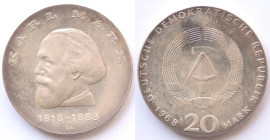 Germania Democratica. 20 Marchi 1968 Marx. Ag. KM. 21. Peso gr. 20,77. Diametro mm. 33. qFDC. 

qFDC