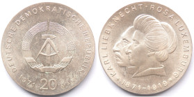 Germania Democratica. 20 Marchi 1971. Ag. Karl Liebknecht, Rosa Luxemburg. KM 32. Diametro mm. 33. Peso gr. 20,90. qFDC.

qFDC